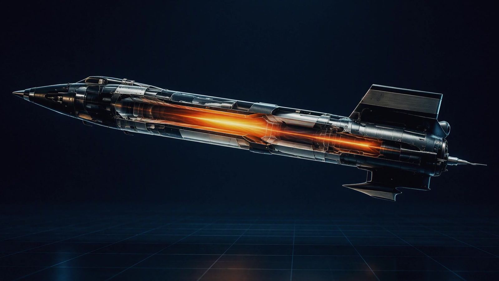 3D x-ray cutaway of the X-15 showing its rocket engine glowing inside the airframe