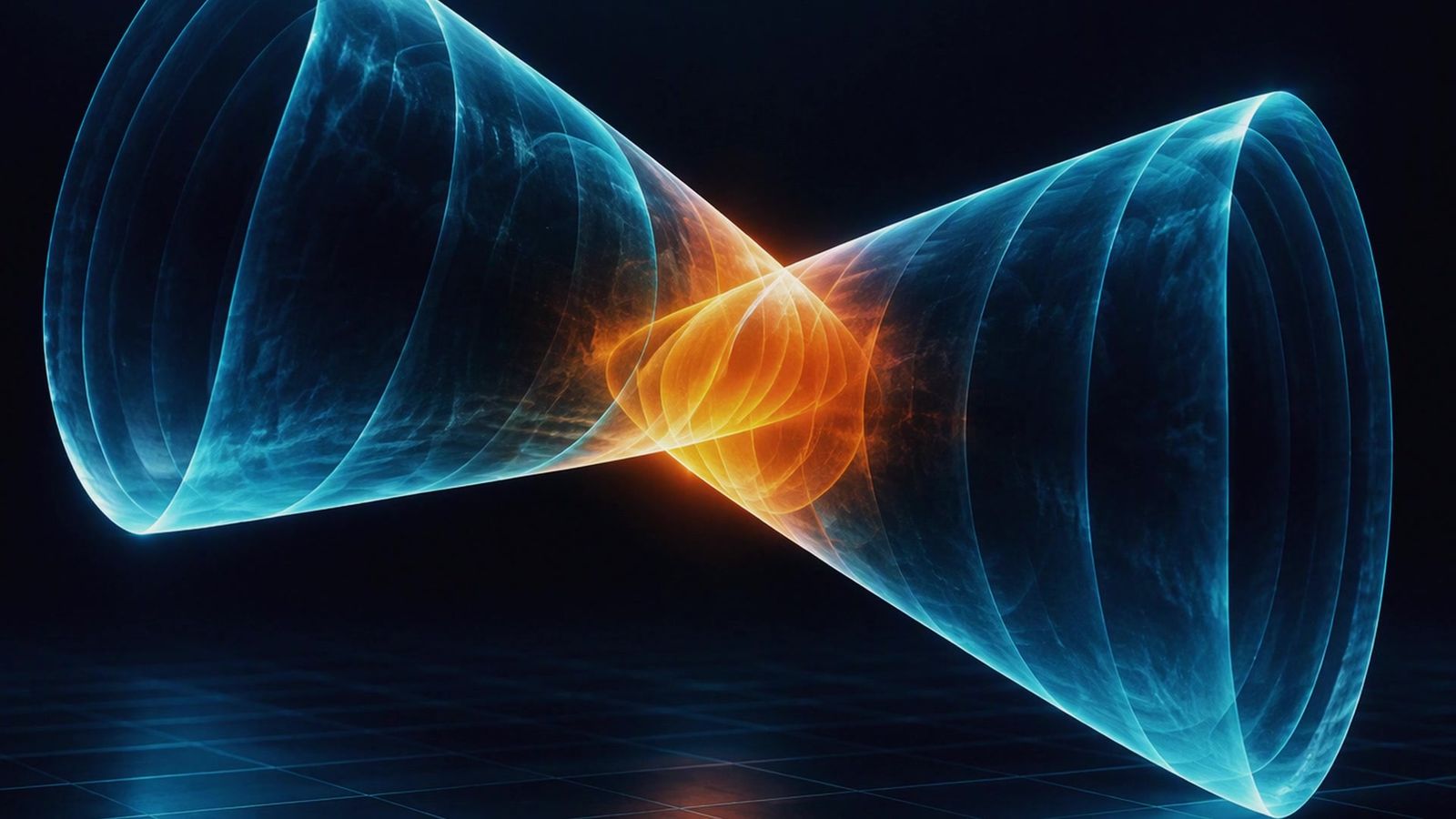 Two shock cones meeting, the collision point glowing orange